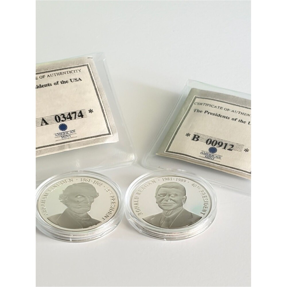 American Mint Presidents Medallions Lincoln & Reagan Silver-Plated Copper COA